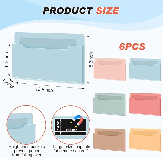 Fuutreo 6 Pcs Magnetic Wall File Organizer Magnetic Wall File Holder Refrigerator Magazine Holder for Mail Letters Paper(Light Vintage,8.3 x 13.8 Inch,Horizontal)