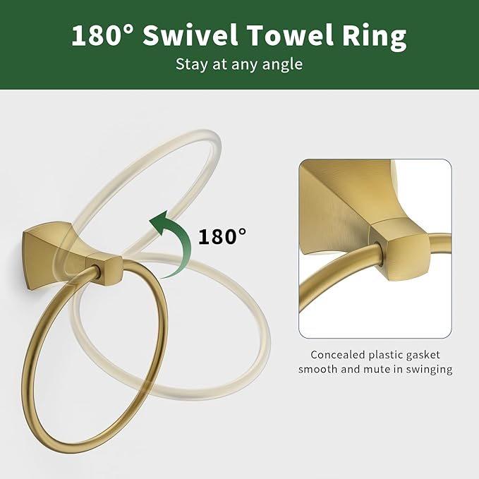 Hand Towel Holder for Bathroom Brushed Gold Towel Ring Stainless Steel and Zinc Alloy Towel Hanger Wall Mount for Bath, Kitchen, 2 Pack