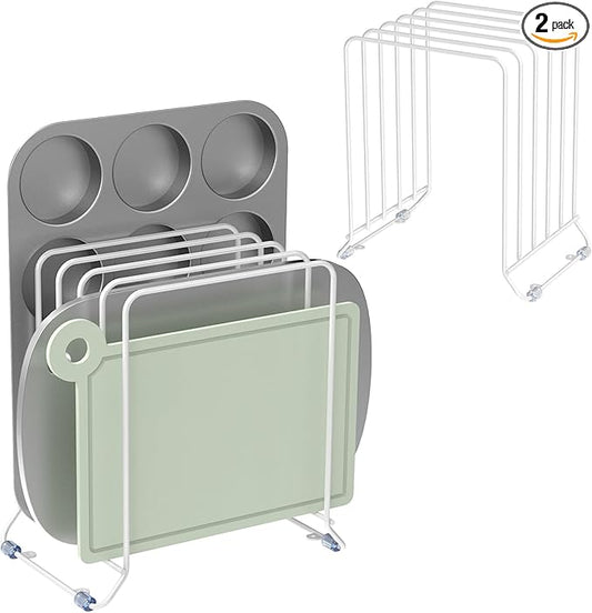 AKAZA 2 Pack-X-Large Kitchen Cabinet Organizer - Storage Tray Organizer Rack for Kitchen Cabinet - Divided Holder with 5 Slots for Skillets, Cutting Board, Baking Sheets- (White)