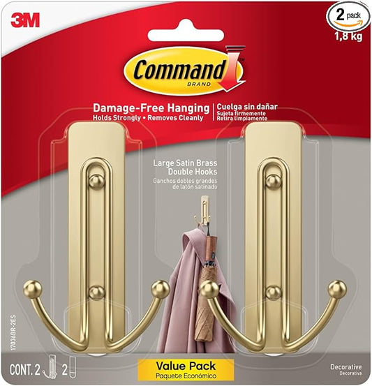 Command Large Satin Brass Double Hooks, 2 Coat Hooks and 2 Command Strips, Damage-Free Hanging with Adhesive, No Tools Great for Hanging Home Decor, Holds up to 4 lb-NeatNest
