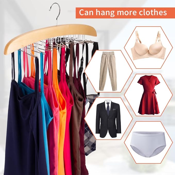 3 Pack Tank Top & Bra Hanger, Tie & Belt Hanger with Natural Wood, 24 Space Saving, 360 Rotating, Foldable Metal Hooks, Closet Organizer and Storage Rack for Tank Tops/Bras/Ties/Belts-NeatNest