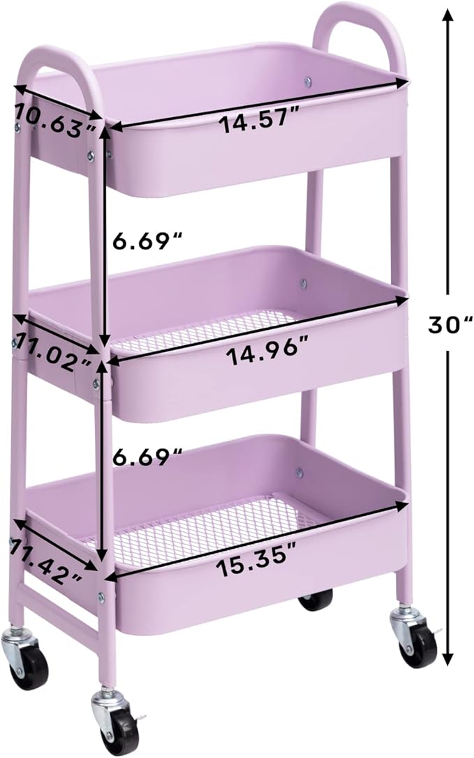 AGTEK Makeup Cart, Movable Rolling Organizer Cart, 3 Tier Metal Utility Cart with Lockable Wheels for Home & Office, Purple-NeatNest