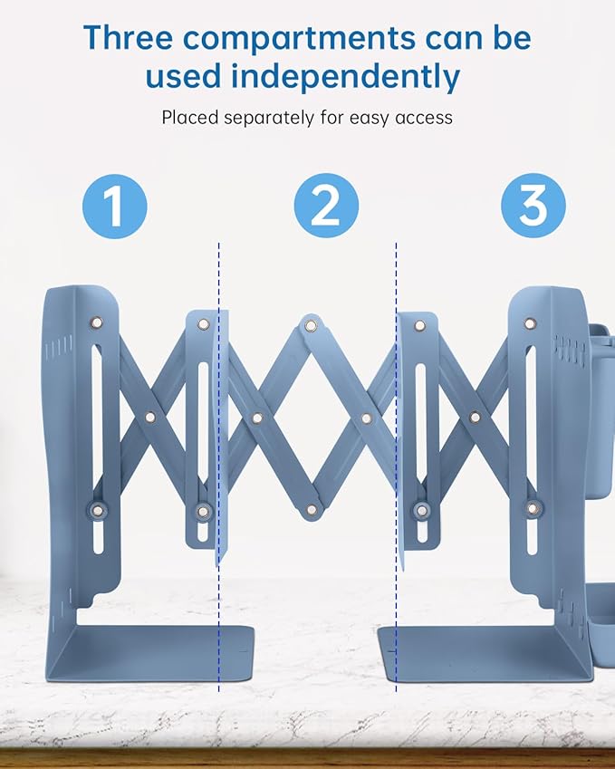Honagu Adjustable Bookends, Metal Book Ends for Shelves Heavy Book, Desk Magazine File Organizer for Home, Office, Books, Papers with Removable Hook, Pen Holder（Dark Blue）