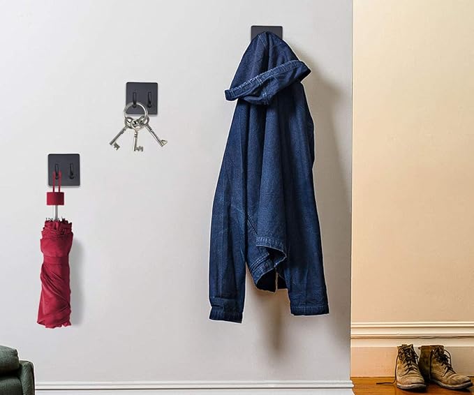 Adhesive Hooks, Bathroom Wall Towel Hooks, Black Stick Shower Razor Holder, Stainless Steel Door Hangers for Coat Loofah Robes Self Adhesive Organizer for Kitchen