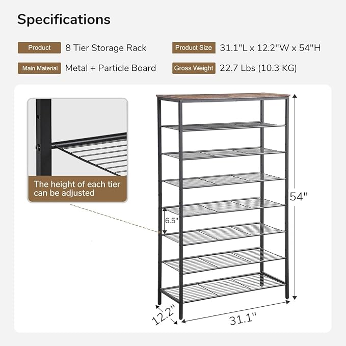8-Tier Shoe Rack Organizer, Metal Mesh Shoe Storage Shelf, for Entryway, Hallway, Closet, Dorm Room, Industrial, Rustic Brown-NeatNest
