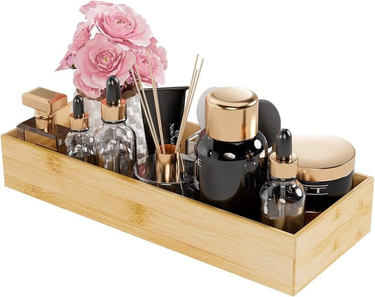 Bathroom Vanity Tray Organizer Bamboo, Small Wood Tray for Bathroom Counter Kicthen Drawer, Rectangular Toilet Paper Storage Basket Box, Guest Sink Tray Decor, Bathroom Accessories 15" x 6" x 2.5"-NeatNest