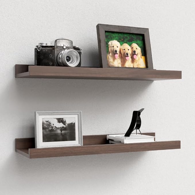 Floating Shelves Wall Mounted Set of 2, Farmhouse Wall Shelves for Storage with Lip, Display Picture Ledge Shelf for Wall Decor Bedroom Living Room Bathroom Kitchen - Walnut-NeatNest