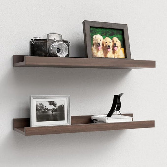 Floating Shelves Wall Mounted Set of 2, Farmhouse Wall Shelves for Storage with Lip, Display Picture Ledge Shelf for Wall Decor Bedroom Living Room Bathroom Kitchen - Walnut-NeatNest