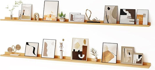 Floating Picture Ledge Shelves for Wall Set of 2, 84 Inches Picture Ledge Shelf with Long Large Nursery Book Shelf for Toys Storage Kids Bookshelf Wall Mounted Living Room Bedroom Decor Frames, Oak-NeatNest