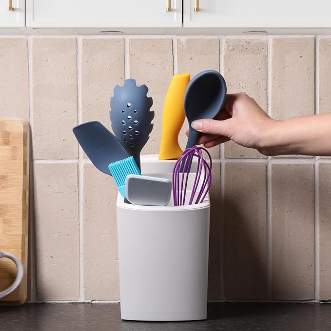 Angled Utensil Holder for Countertop | Space-Saving Kitchen Organizer for Large & Small Utensils with Knife Holder | Cooking Utensil Caddy with Spoon Rest | Kitchen Essentials Under Cabinet Organizer-NeatNest