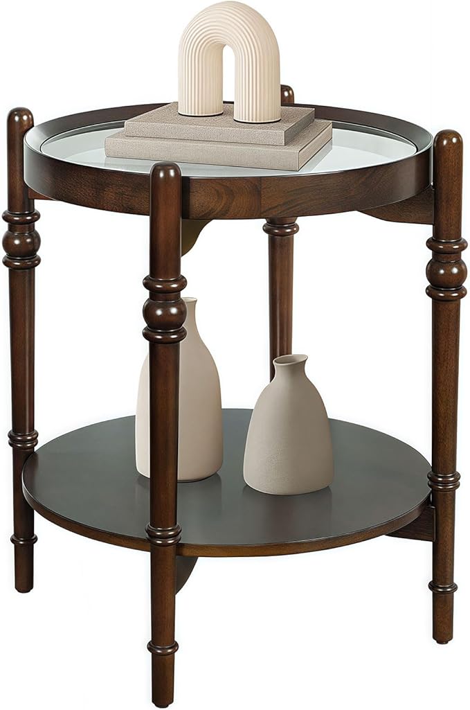 Glass End Table, 23" Round Side Tables with Tempered Glass Top and Solid Wood Frame, Small Night Stand for Living Room Office Apartment