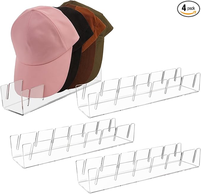 Clear Acrylic Hat Stand for Baseball Caps – 28-Cap Easy Setup Organizer for Bedroom, Closet, Dresser, Countertop, Display and Storage for Baseball Caps, Sports Hats, and Collectibles (4-Pack)-NeatNest