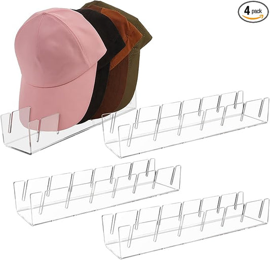 Clear Acrylic Hat Stand for Baseball Caps – 28-Cap Easy Setup Organizer for Bedroom, Closet, Dresser, Countertop, Display and Storage for Baseball Caps, Sports Hats, and Collectibles (4-Pack)-NeatNest