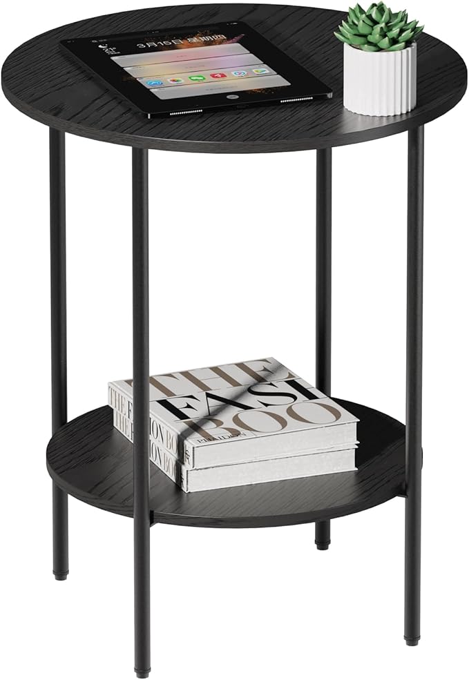Side Table,Round End Table with 2 Storage Shelves| Compact Side Tables for Living Room, Couch, Office & Bedroom | Narrow Accent Table as Space-Saving Small Bedside Table 18x18x22in(Black)