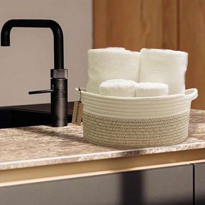 2PACK Oval Cotton Rope Storage Baskets (White Brown) for Bedroom, Living Room, Laundry Room & More