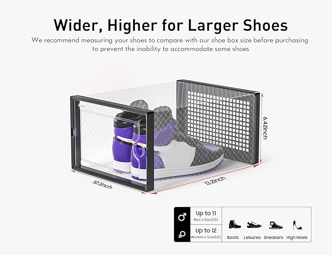 Kuject X-Large Shoe Storage Boxes Organizers Clear Plastic Stackable 12 Pack, Shoe Rack & Holder Substitute, Sneaker Containers, Toy Storage Organizer Bins for Entryway, Closet, Under Bed, Black-NeatNest