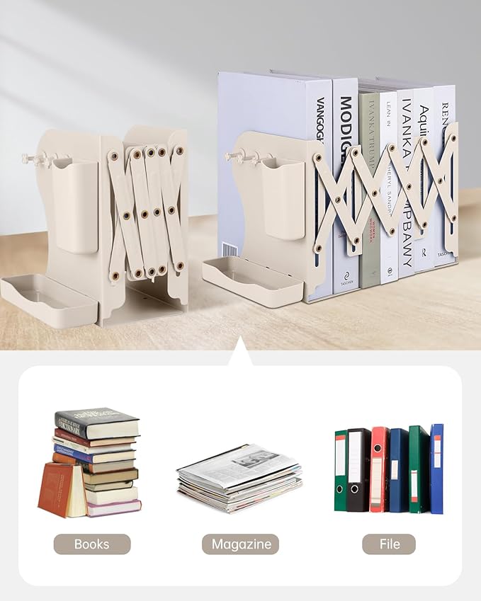 Honagu Adjustable Bookends, Metal Book Ends for Shelves Heavy Book, Desk Magazine File Organizer for Home, Office, Books, Papers with Removable Hook, Pen Holder（Milky White）