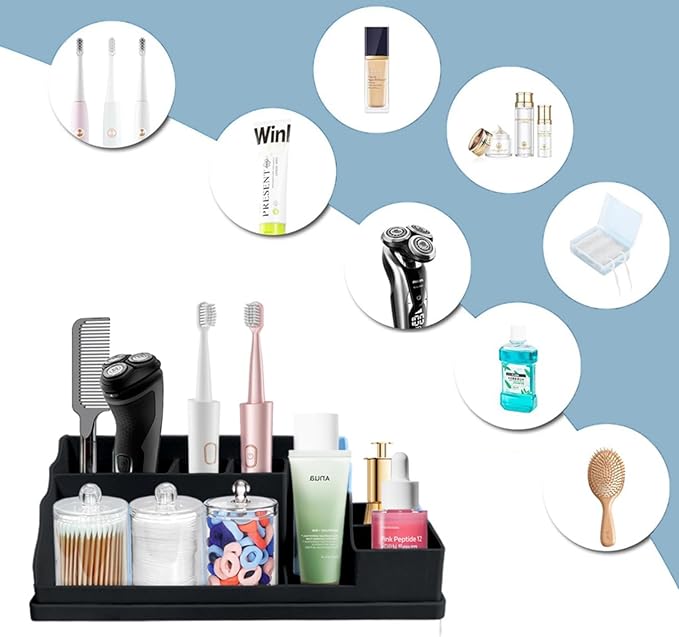 Silicone Multifunctional Bathroom Organizer Countertop,7Compartment Silicone Cosmetics Storage Organizer, Bathroom Countertop Accessories Storage,Toothbrush Stand for Vanity Office Sink，Black-NeatNest