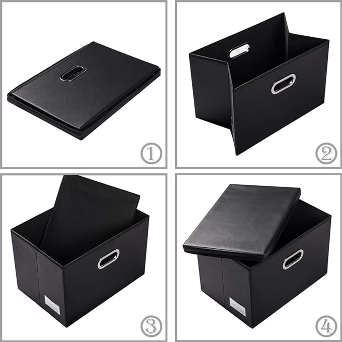 PRANDOM Large Foldable Storage Bins with Lids [3-Pack] Leather Fabric Collapsible Storage Boxes Organizer Containers Baskets Cube with Cover for Home Bedroom Closet Office Black(17.7x11.8x11.8)-NeatNest