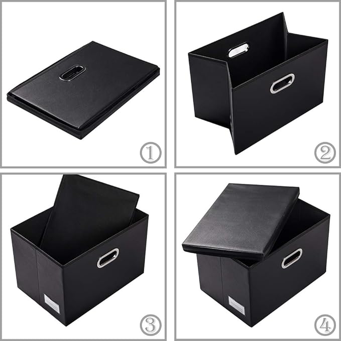 PRANDOM Foldable Storage Bins with Lids [5-Pack] Leather Fabric Collapsible Storage Boxes Organizer Containers Baskets Cube with Cover for Bedroom Closet Office Nursery Black (14.9x10.8x10)-NeatNest