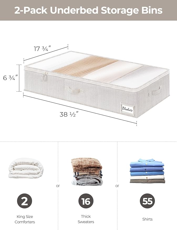StorageWorks Extra Large Under Bed Storage Containers with Handles and Label Holder, 2 Pack Ultra-thick Fabric Underbed Bins, Closet Organizer for Clothes, Blankets, Sweater-NeatNest