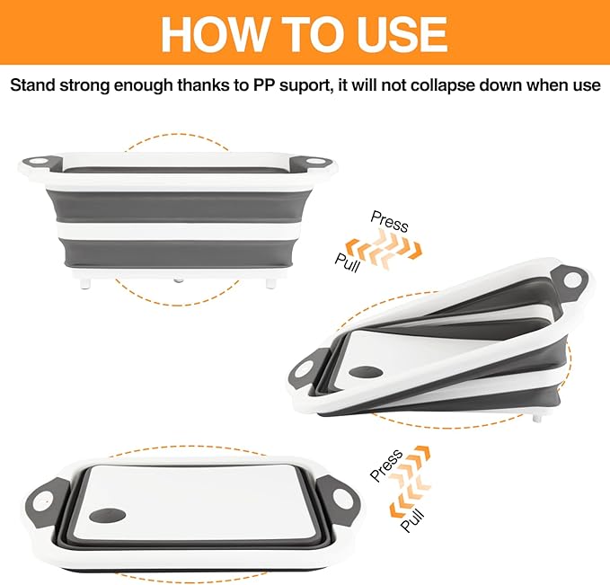Collapsible BBQ Prep Tub/Cutting Board 10L, Foldable Dish Tub with Colander, Portable Camping Sink, Multifunction Dishing Basin Bucket Wash Tub for Kitchen Fruit Vegetable Picnic (Gray)-NeatNest
