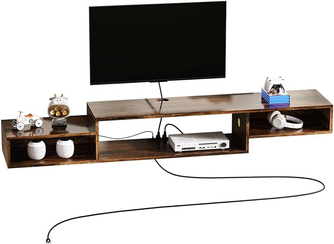 4 EVER WINNER Floating TV Shelf with LED Lights and Power Outlet, 59" TV Stand for Cable Box Audio Video, Floating Entertainment Center for Living Room, Bedroom, Rustic Brown-NeatNest