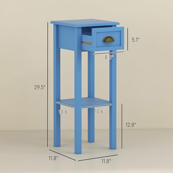 HOMCOM 2-Tier Side Table with Drawer, Narrow End Table with Bottom Shelf, for Living Room, Set of 1, Light Blue