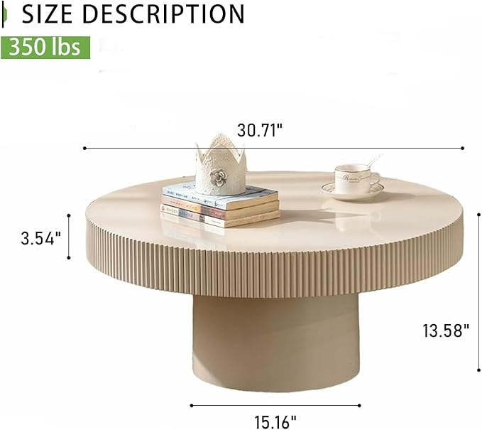 Handmade Round Grooved Drum-Shaped Coffee Table、Rustic Modern Circular Centerpiece for Living Room & Farmhouse Decor、Easy to Clean (A White 30.7in)