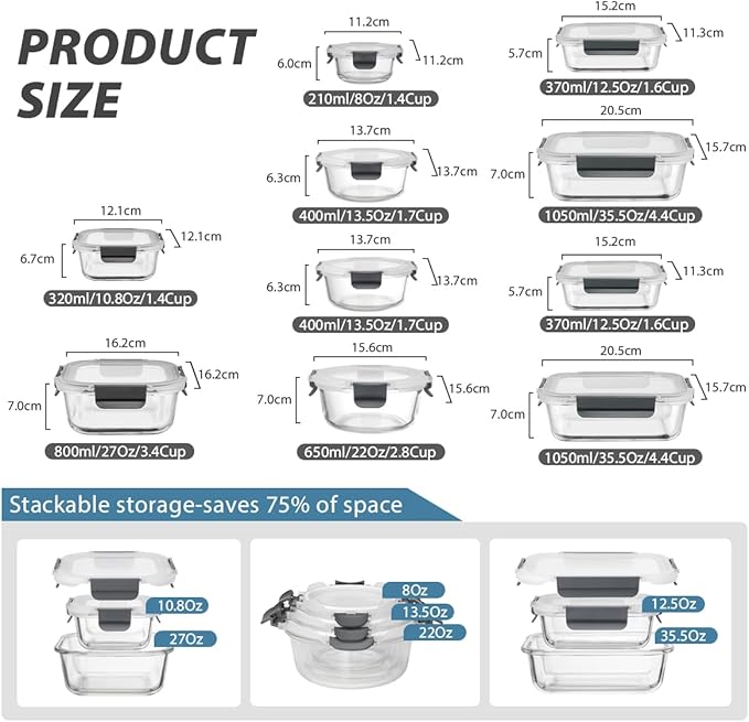 GC [10-Pack] Glass Meal Prep Containers with Lids, Food Storage Containers with Snap Locking Lids, Airtight Lunch Containers, Microwave, Oven, Freezer and Dishwasher