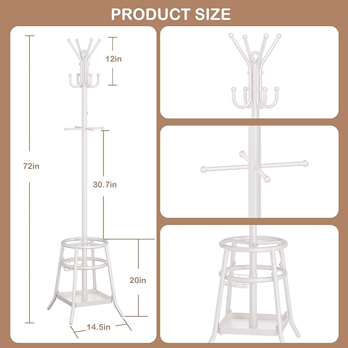 Heavy Duty Freestanding Coat Rack with 12 Hooks & Umbrella Holder - White Metal Clothes Hat Sturdy Standing Hall Tree for Entryway, Living Room, Bedroom, Office Organization (White)-NeatNest