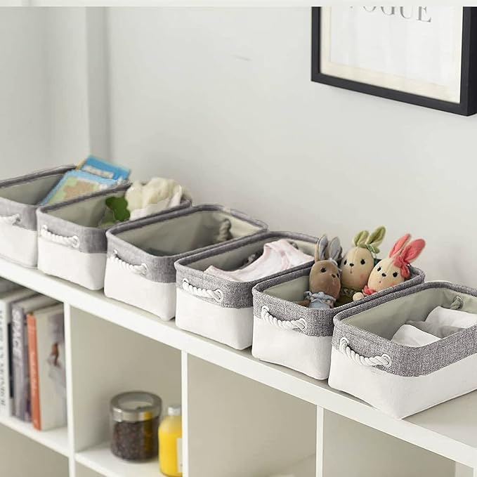Basket for Organizing Cube Stgorage Bin - Small 6 Pack Fabric Storage Cubes Collapsible Baskets for Shelves with Rope, Bins for Organization Closet Cloth Toy Laundry Canvas (Grey&White 12x8x5.2 inch)-NeatNest