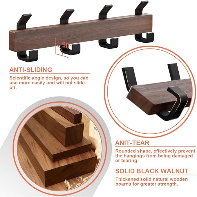 Coat Rack Wall Mount，Solid Walnut Coat Hooks Wall Mount with 4 Large Double Wall Hooks for Hanging Coats，Backpacks，Towels，etc. Wall Mounted Coat Rack for Entryway, Bathroom,etc, Walnut+black-NeatNest