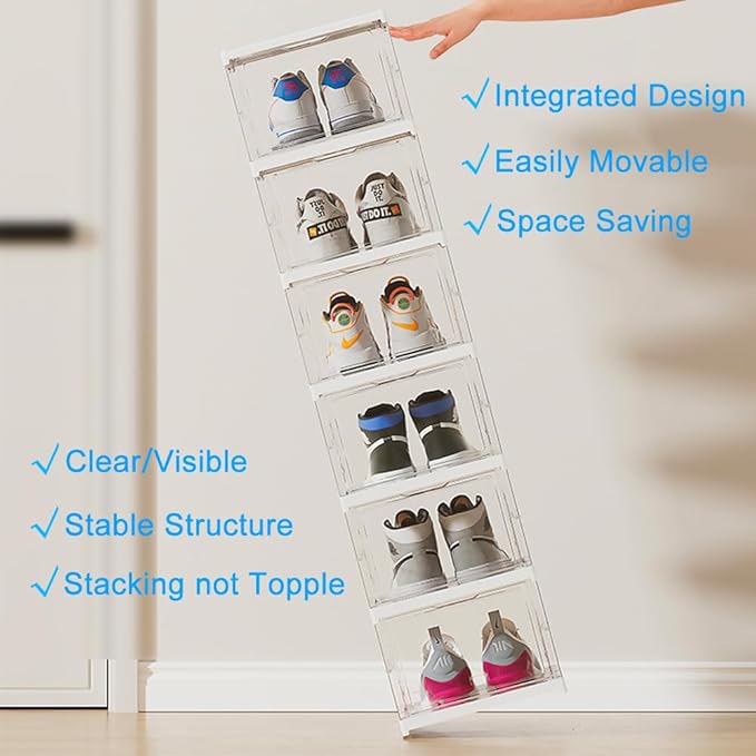 Foldable Shoe Rack Clear Collapsible Storage Box Size up to 16, Free Standing Bins Stackable Plastic with Lids Organizing Dustproof 6-Tiers-NeatNest