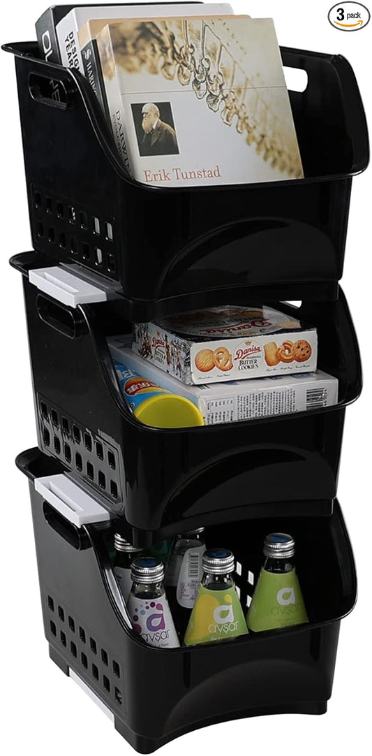 Readsky 3 Tier Plastic Kitchen Stacking Shelf Basket, Open Front Stacking Storage Bins