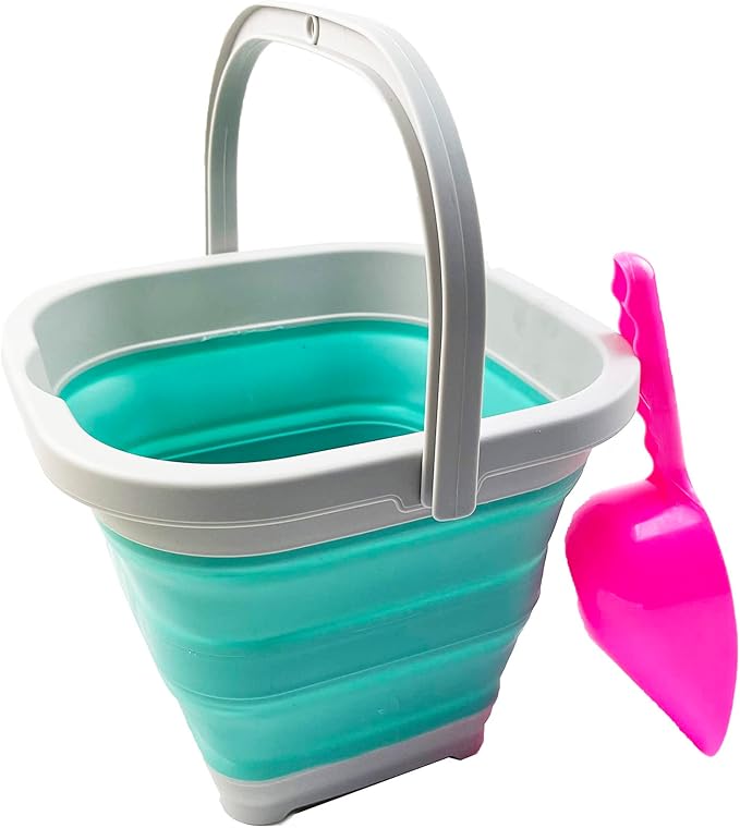 SAMMART Collapsible Rectangular Cleaning Bucket 5L (1.3 Gallon)- Foldable Camping Beach Sand Water Pot Pail- Portable Space Saving Tub for Household, Outdoor Car Washing (Pale Pink + Pine (Set of 2))-NeatNest