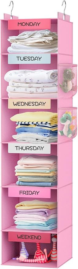 VERONLY Weekly Hanging Closet Organizer for Kids, 6-Shelf Clothes Storage with Labeled Days of The Week Monday Through Friday, Weekday and Weekend, Days of The Week Clothes Organizer-NeatNest