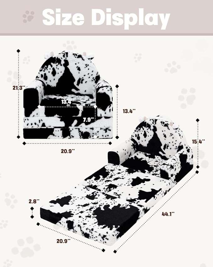 2-in-1 Toddler Chair and Couch – Soft Faux Rabbit Fur, Cow Pattern Design, Fold Out Seat for Reading & Nap, Ages 1–3-NeatNest
