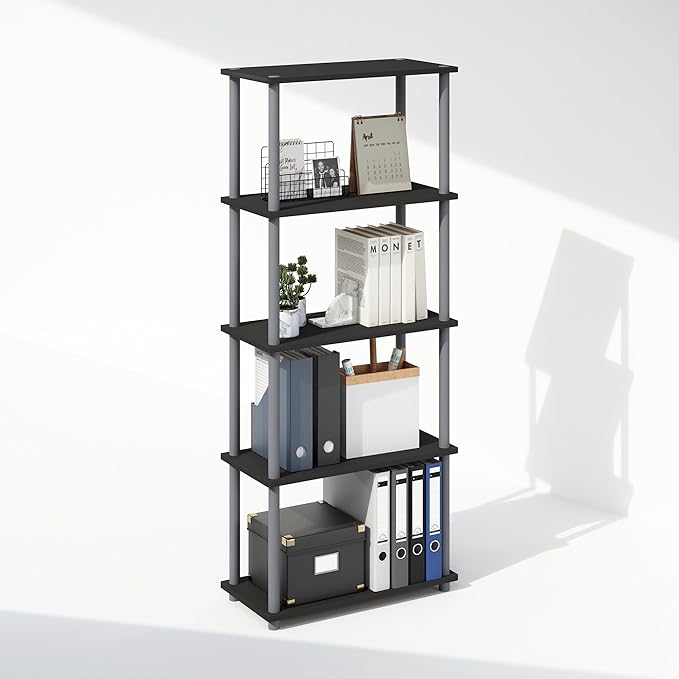 Furinno Turn-N-Tube 5-Tier Multipurpose Compact Bookcase, Black/Grey-NeatNest