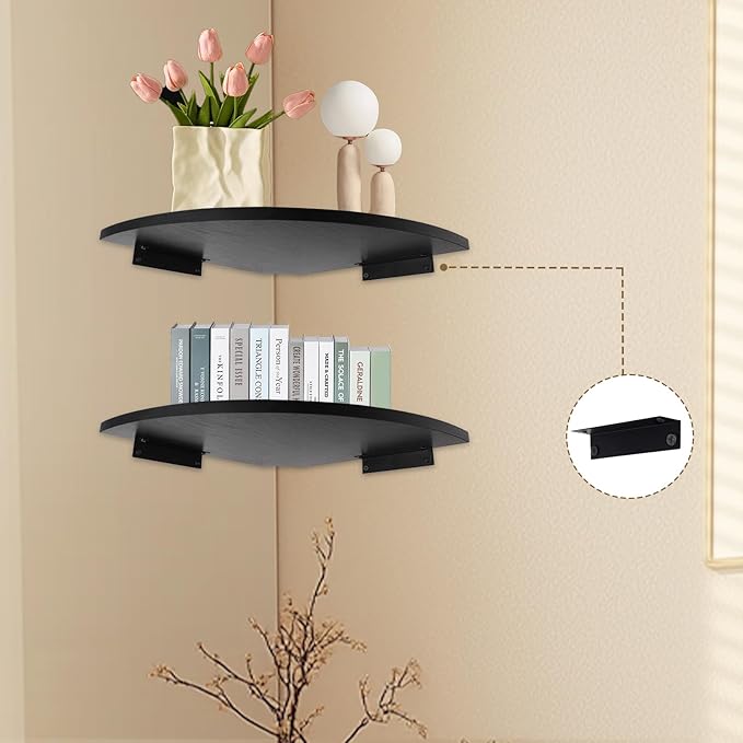 JJL Corner Shelf Wall Mounted, 12 Inch Wood Floating Corner Shelves with Wire Hole, Set of 4 Circular arc Corner Shelf for Bedroom Corner Decoration, Black-NeatNest