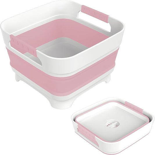 2.4 Gal Collapsbile Wash Basin with Drian Plug,9L Dish Pan for Soaking Baby Bottles,Portable Sink, Multiuse Foldable Bucket,Ice Beverage Tubs for Camping, Vegetable Washing, RV (Pink)-NeatNest
