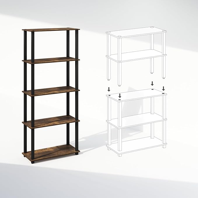 Furinno Turn-S-Tube 3-Tier Compact Multipurpose Shelf Display Rack with Square Tube, Amber Pine/Black, Set of 2-NeatNest