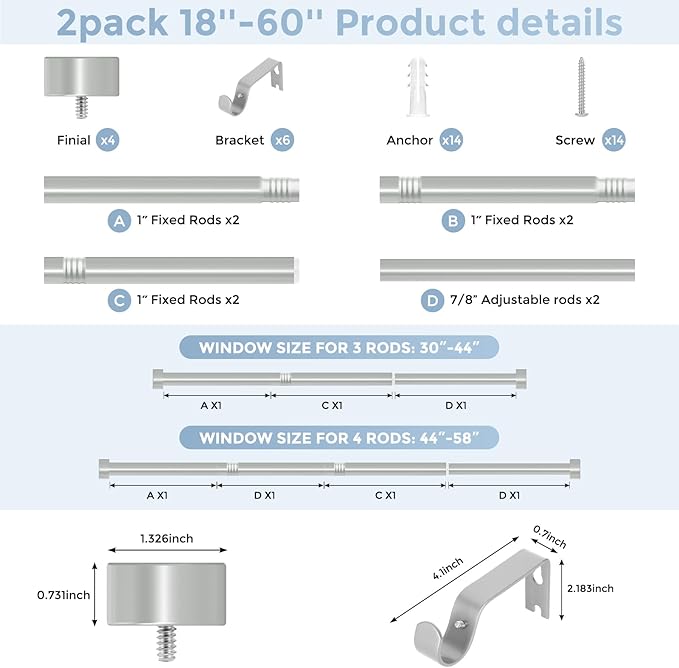 2 Pack Curtain Rods for Windows 28 to 48 Inch(1.5-5 Feet), Silver 1'' Diameter Drapery Rods with End Cap Style Design,Modern Adjustable Heavy Duty Curtain Rod,Size:30''-60''