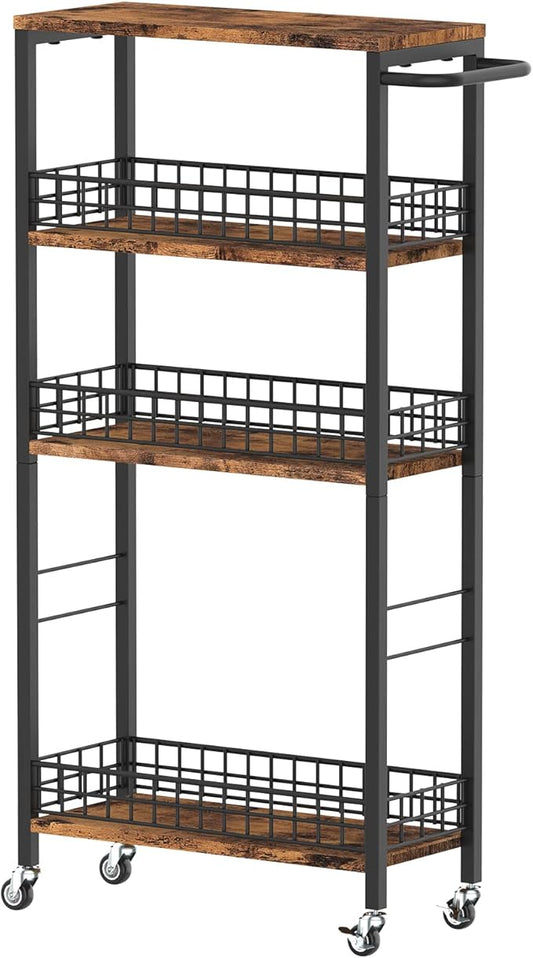 Slim Storage Cart Rolling Kitchen Cart with Wheels Narrow Laundry Storage Utility Cart 4 Tier Bathroom Mobile Shelving Unit Organizer with Wood Tabletop Trolly Cart with Handle for Small Spaces, Brown-NeatNest