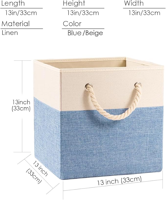 PRANDOM Large Foldable Cube Storage Bins 13x13 inch [4-Pack] Fabric Linen Storage Baskets Cubes Drawer with Cotton Handles Organizer for Shelves Nursery Closet Bedroom Beige/Blue-NeatNest