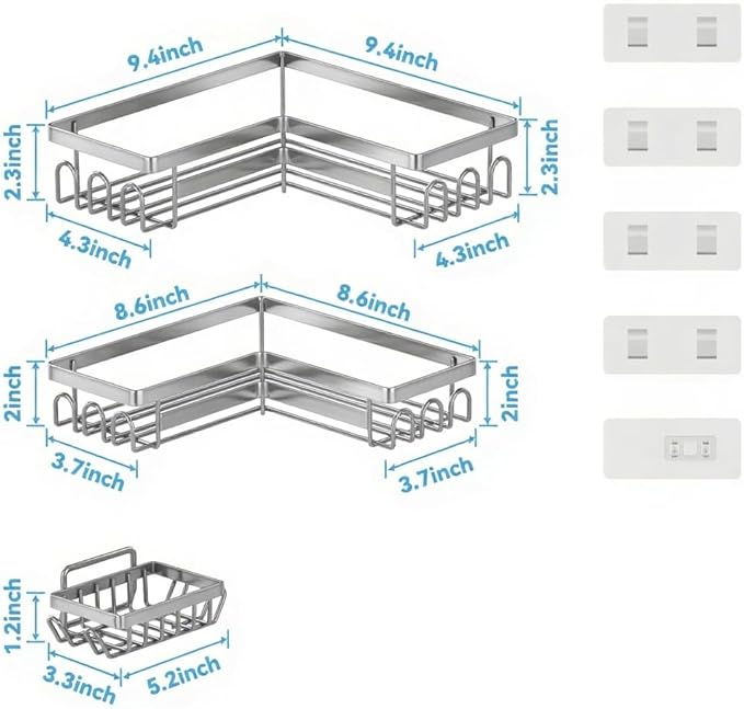 Adhesive Shower Caddy Shelf Organizer Rack,Rustproof Stainless Steel Bathroom Organizer with Large Capacity, No Drilling Corner Shower Shelves for Bathroom Storage & Home Decor