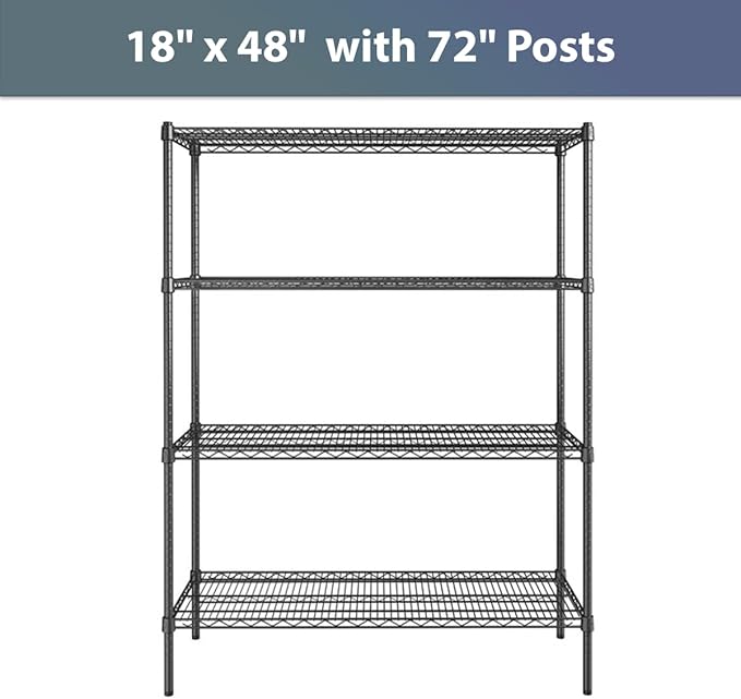 18" x 48" NSF Black Epoxy 4-Shelf Kit with 72" Posts, Commercial Storage Rack Unit, Heavy Duty Storage Shelving, Wire Shelving Kit, Adjustable Rack Strong Steel, Multipurpose Wire Shelf