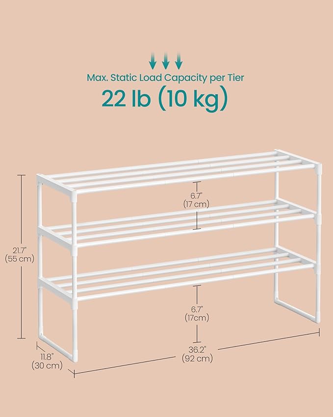 SONGMICS Shoe Rack, 3-Tier Shoe Organizer, Metal Storage Shelf, Upright or Upside Down, for 16-20 Pairs, Stackable, for Entryway, 11.8 x 36.2 x 21.7 Inches, Pearl White ULSA303W03-NeatNest