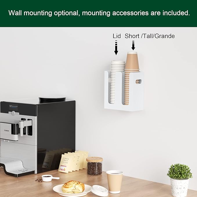 Disposable Coffee Cup Dispenser with Handles, Countertop or Wall Mount Hot/Cold Drink Cup and Lid Holder - Bathroom/Kitchen/Office Acrylic Cup Lid Storage Organizer (2 Compartments, White)-NeatNest