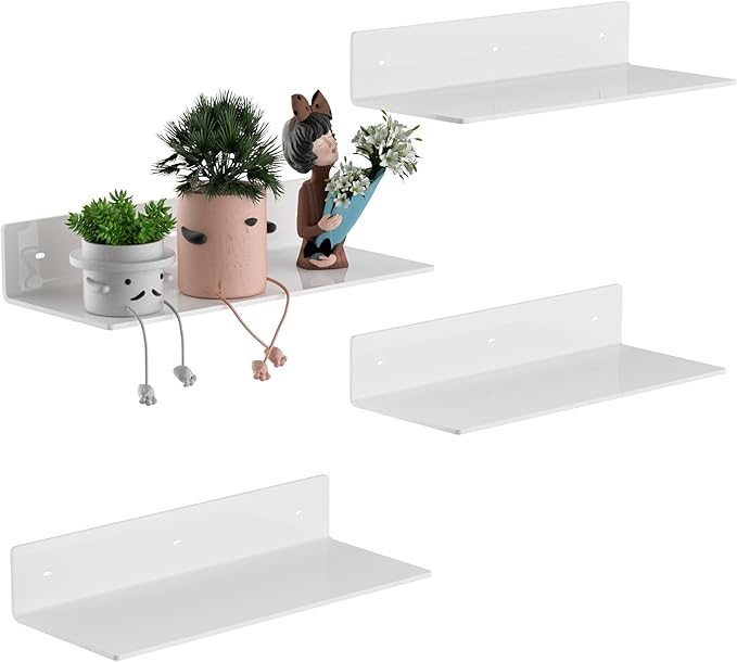 12 Inches White Acrylic Wall Shelves Set of 4, Wall Mounted Shelves Moel Car, Candle, Calendar, Towel, Tissue, Doll, 2 Pack-NeatNest